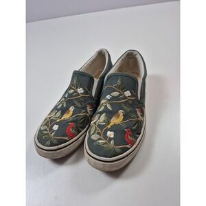 Bird Embroidered Canvas Shoes Womens Size 10 Green Slip On Floral Sneakers